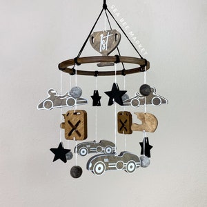 Race Car Mobile for Vintage Racing Themed Nursery - Grey Black and Brown Wooden Crib Mobile