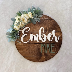 Floral Nursery Name Sign: 3D Wood Circle, Peonies & Lamb&#39;s Ear
