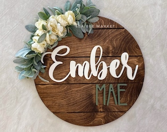 Round Name Sign With Florals - Wood Circle Sign - 3D Name Sign - Floral Nursery - Flower Nursery Peonies and Lamb’s Ear