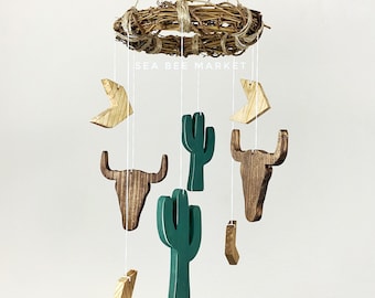 Cactus, Buffalo/Cattle Skulls wooden crib mobile for Southwestern or Boho Nursery - Desert Cacti - Baby Mobile for crib or changing table