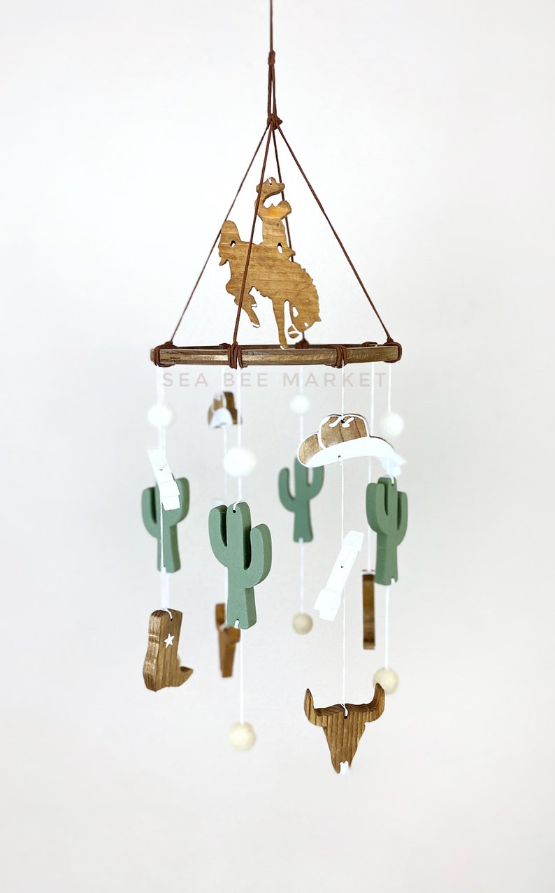 Cowboy Western Crib Mobile Klassieke/Vintage Cowboy Kinderkamer Mobiel Rodeo Kinderkamer Wilde Westen Cowboylaarzen, Cactus, Cowboyhoeden, Paard afbeelding 5