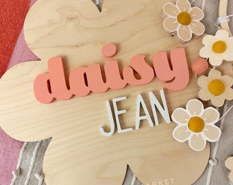Wooden Daisy Name Sign - Custom Flower name plaque for nursery - MCM Vintage inspired wildflower Girl's Nursery