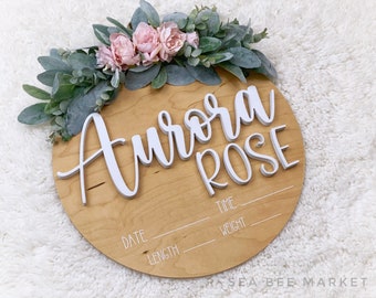 Round Floral Baby Name Sign w/ 3D Lettering, circle newborn announcement, newborn details sign with flowers, baby stats keepsake for girls