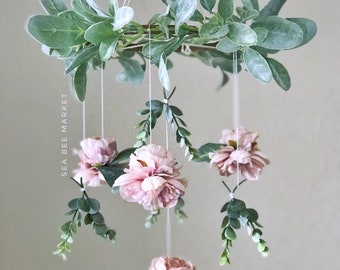Floral Crib Mobile: Peonies, Eucalyptus, Lamb&#39;s Ear Nursery Decor