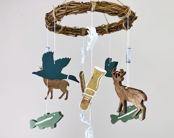 Hunting and Bass Fishing Crib Mobile for Woodland, Camping, Rustic Nursery - Largemouth bass, deer, ducks hanging mobile