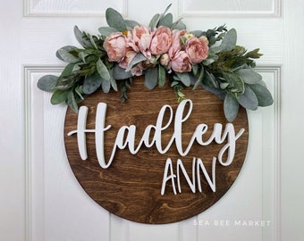 Round Floral Baby Name Sign w/ 3D Lettering, circle newborn announcement, newborn details sign with flowers, baby stats keepsake for girls