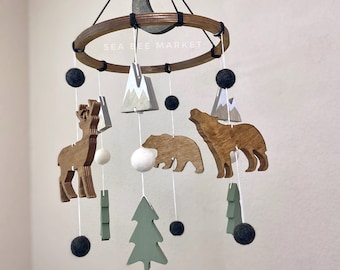 Winter Woodland Crib Mobile with Wolf, Bear, Deer, Snow Capped mountains, and Pine trees - for woodsy, forest, gender neutral nurseries