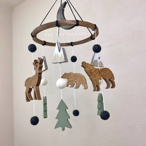 Winter Woodland Crib Mobile with Wolf, Bear, Deer, Snow Capped mountains, and Pine trees - for woodsy, forest, gender neutral nurseries