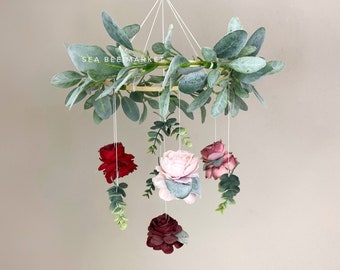 Floral Crib Mobile - with Mauve, Plum, Blush, and Red peonies / garden roses - flower chandelier - floral nursery Mobile dusty rose nursery