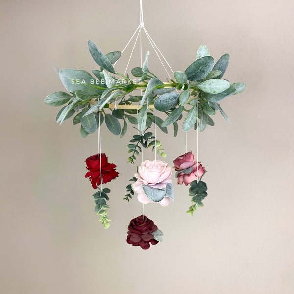 Floral Crib Mobile - with Mauve, Plum, Blush, and Red peonies / garden roses - flower chandelier - floral nursery Mobile dusty rose nursery