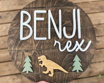 Dinosaur Custom 3D Round Name Sign with Removable Baby Stats - Dino nursery - Circle baby keepsake for hospital or door hanger