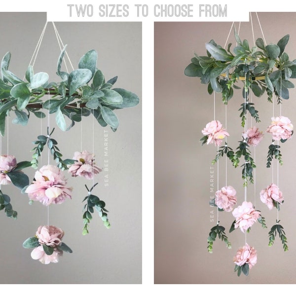 Floral and Greenery Crib Mobile - Girls Flower Nursery Decor - Floral Chandelier With Peonies, Eucalyptus, and Lamb’s Ear - baby shower gift