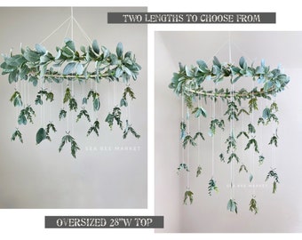 XXL Mixed Greenery Crib Mobile with Eucalyptus, Lamb’s Ear, Ruscus sprigs - hanging greenery chandelier for nursery or wedding centerpiece