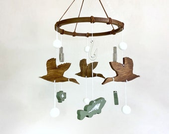 Duck and Bass Wooden Crib Mobile - Freshwater Fishing and Hunting Nursery - Largemouth Bass, Fishing Hooks, Lure, Ducks, baby shower gift