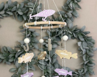 Girl’s Fishing Crib Mobile - Natural Wood Crib Mobile with lavender, light wood tones, Largemouth Bass, Hooks, Lure