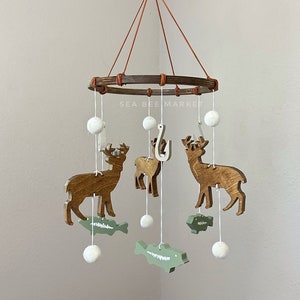 Wooden Deer and Bass Baby Mobile: Fishing Nursery Decor