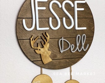 Woodland Hospital Door Hanger - Custom 3D Round Name Sign with Removable Baby Stats - Deer Nursery- Three Piece Circle Name Sign keepsake