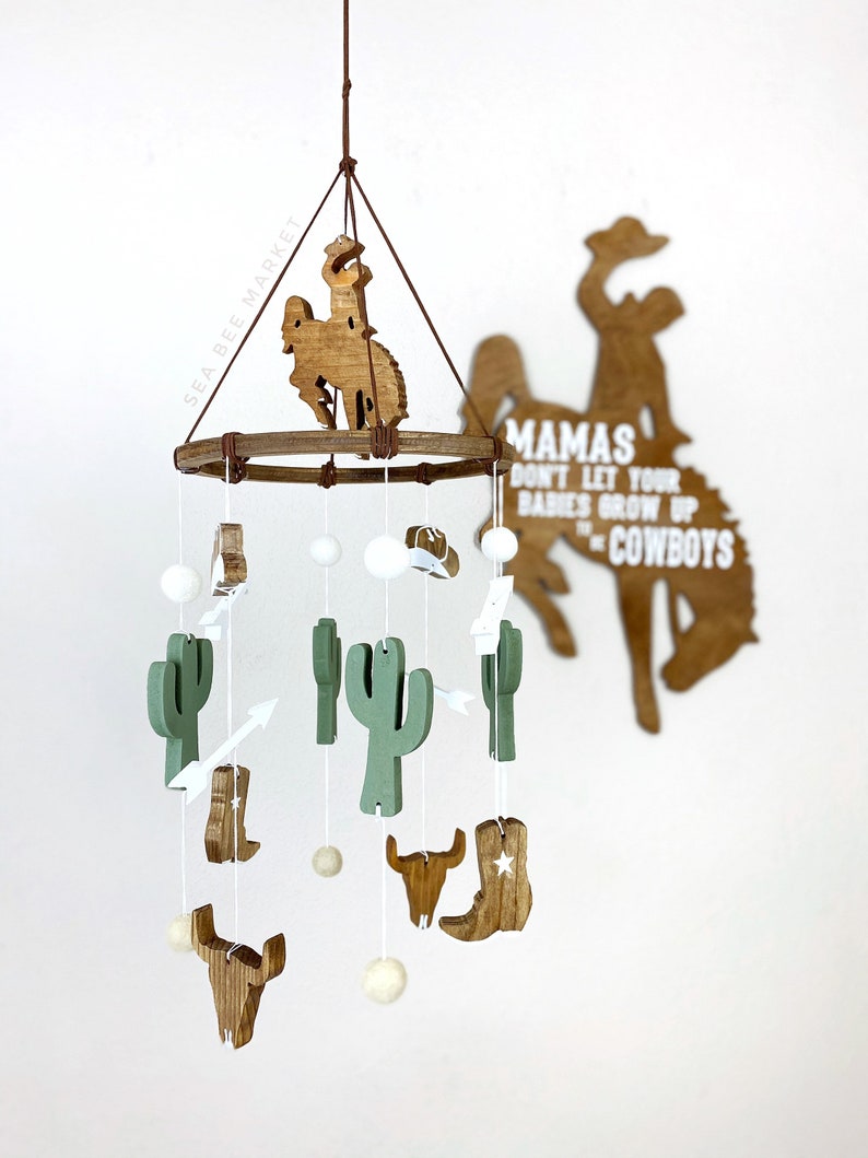 Cowboy Western Crib Mobile Klassieke/Vintage Cowboy Kinderkamer Mobiel Rodeo Kinderkamer Wilde Westen Cowboylaarzen, Cactus, Cowboyhoeden, Paard afbeelding 1