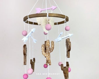 Boho Crib Mobile with Wooden Cactus, Buffalo Skulls, Arrows, and Macrame Feathers - Southwestern Nursery Themed Decor - Baby Shower Gift