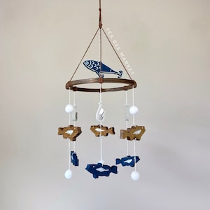 Fishing Nursery Crib Mobile: Wood Bass, Hooks, Nautical Decor