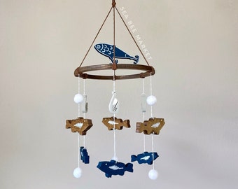 Fishing Nursery Crib Mobile with largemouth bass in wood and navy - Freshwater Fish, Hooks, Lures, Nautical Decor - Fishing baby shower