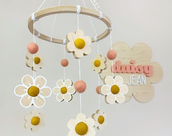 Wooden Daisy Crib Mobile with mustard yellow and pink wool ball accents. Hanging Daisies/wildflowers. Vintage MCM inspired nursery decor.
