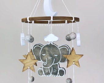 Elephant Crib Mobile - Classic Gender Neutral Nursery - Wood Baby Mobile with elephant, clouds, and stars - safari nursery - zoo nursery