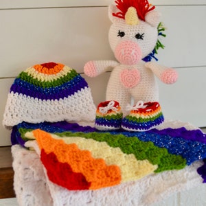 Rainbow Baby Crochet Bundle PATTERN ONLY Blanket, Hat, Booties, & Unicorn image 7