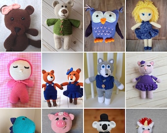 Amigurumi Patterns Bundle (PATTERNS ONLY) Bear, Koala, Doll, Pig, Unicorn, Owl, Dinosaur, Cat, Fox, Wolf