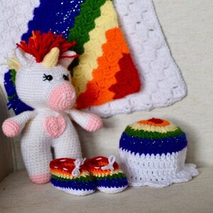 Rainbow Baby Crochet Bundle PATTERN ONLY Blanket, Hat, Booties, & Unicorn image 1