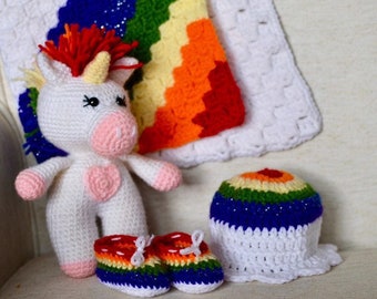 Rainbow Baby Crochet Bundle (PATTERN ONLY) Couverture, chapeau, chaussons et licorne