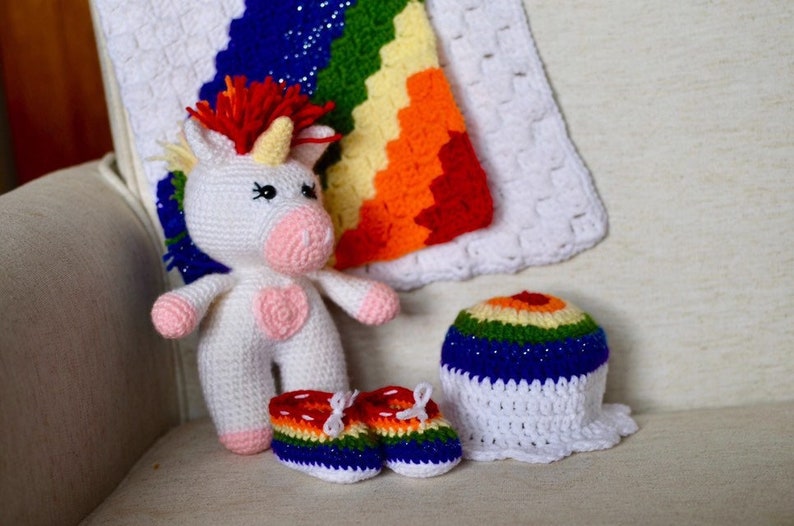 Rainbow Baby Crochet Bundle PATTERN ONLY Blanket, Hat, Booties, & Unicorn image 1