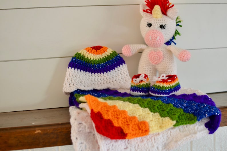Rainbow Baby Crochet Bundle PATTERN ONLY Blanket, Hat, Booties, & Unicorn image 7