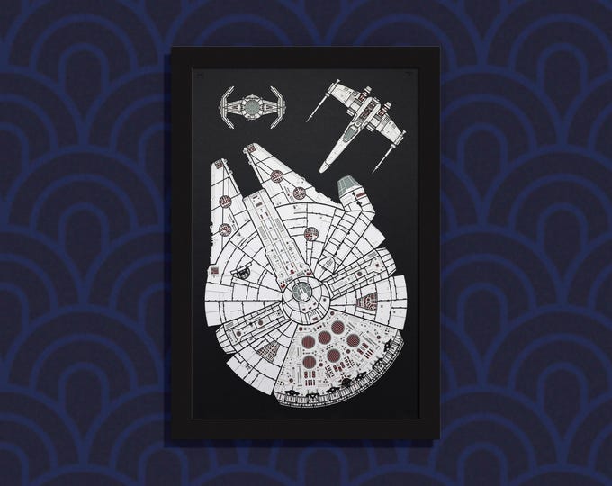 Dad and the Twins - three Star Wars ships used by the Skywalker family - layered paper sculpture - 13”x19” wood frame, portrait orientation