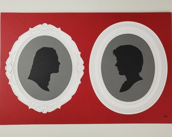 Buttercup and Westley silhouette portraits 8-layer papercut sculpture panel 11"x17" unframed