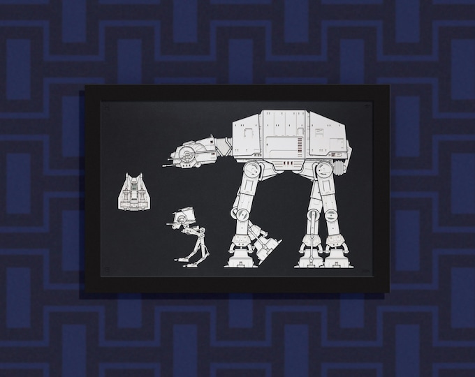 Hoth - three vehicles from the battle of Hoth - layered paper sculpture - 13”x19” wood frame, landscape orientation