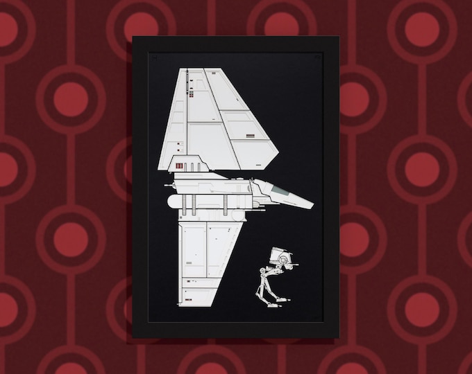 Endor 1 - two Star Wars vehicles from the battle of Endor - layered paper sculpture - 13”x19” wood frame, portrait orientation