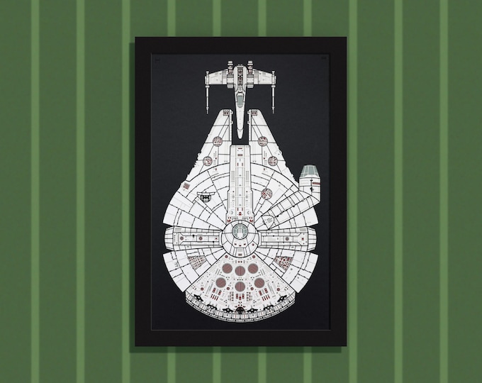 Luke and Han - two Star Wars ships flown by the two friends - layered paper sculpture 13”x19” wood frame, portrait orientation