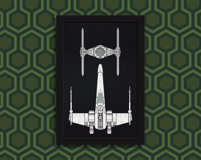 Dogfight - Star Wars X-wing and TIE fighter - layered paper sculpture - 13”x19” wood frame, portrait orientation
