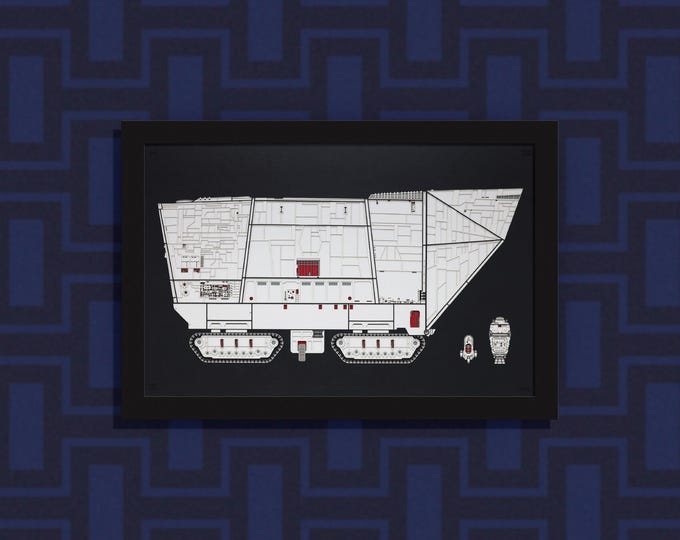 Tatooine 1 - three Star Wars vehicles on Tatooine - layered paper sculpture - 13”x19” wood frame, landscape orientation