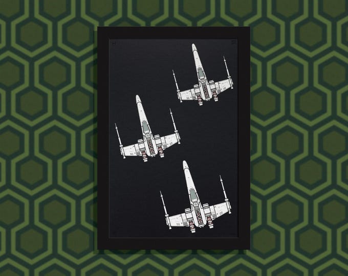 X-wing Formation - three Star Wars X-wing ships in formation - layered paper sculpture - 13”x19” wood frame, portrait orientation