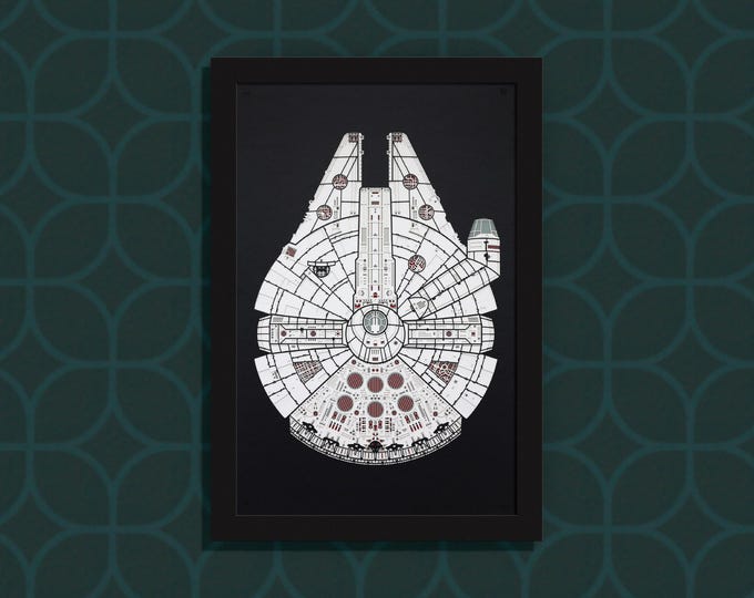 Millennium Falcon - the iconic Star Wars ship - layered paper sculpture - 13”x19” wood frame, portrait orientation