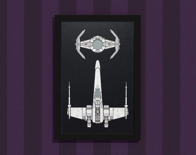 Father and Son - Vader and Luke Star Wars ships - layered paper sculpture - 13”x19” wood frame, portrait orientation