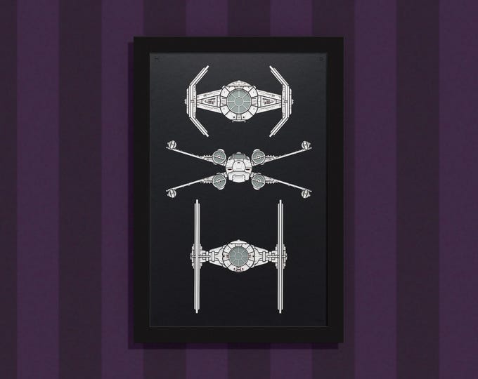 Yavin Trench Run - three Star Wars ships from the battle of Yavin - layered paper sculpture - 13”x19” wood frame, portrait orientation