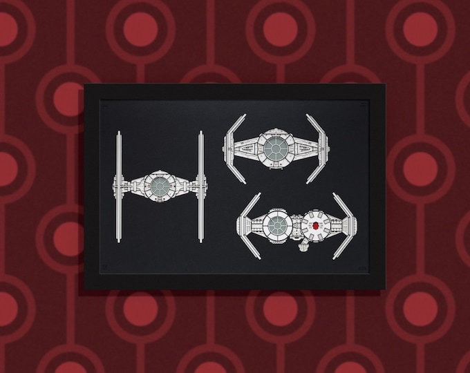Triple TIE - three classic Star Wars TIE fighters - layered paper sculpture - 13”x19” wood frame, landscape orientation
