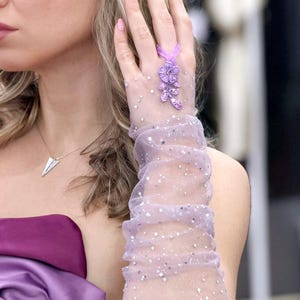 Sparkly Tulle Fingerless Gloves with Ring - Lavender Rhinestone Arm Sleeves - Party Accessories