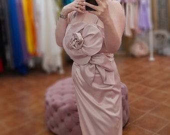 Midi Dress With a Front Oversized Flower, pink satin dress open back floral midi 3D large satin flower dress