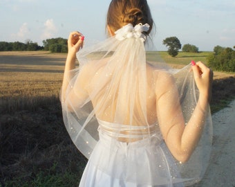 Bridal fingertip glitter veil with tulle bow attachment Short sparkling veil one layer star dust veil