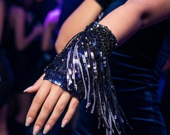 Sequin Chain Fringe Glove – Violet Ombre Tassels, Beaded Lace Statement Piece