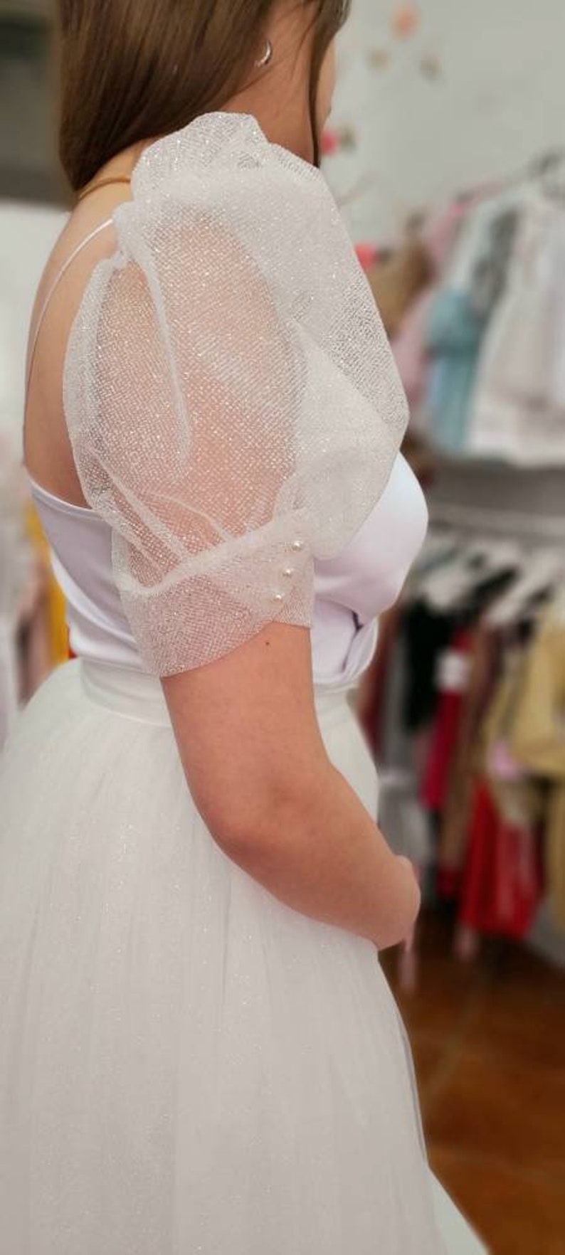 Bridal Stary Glitter Puffy Add on Wedding Dress Sleeves Ivory Short